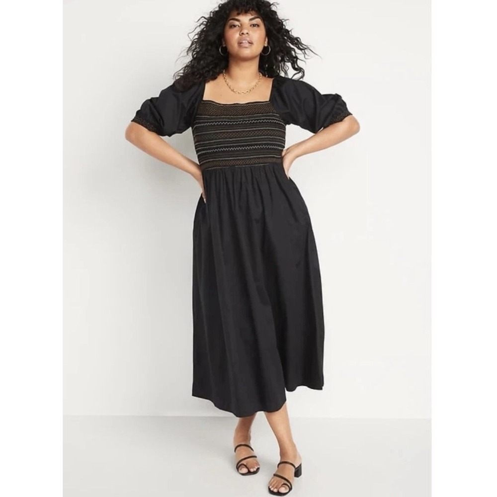 Milkmaid Black Maxi Dress L Smocked Embroidered Cottagecore Peasant Puff Sleeve - Picture 7 of 16